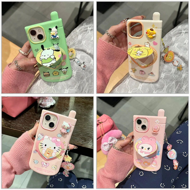 Coreano Y2K Hellokittys Cinnamoroll Pompompurin Flip Make Up Mirror Case Per Iphone 15 14 Pro Max 13 12 Portachiavi Cover Antiurto