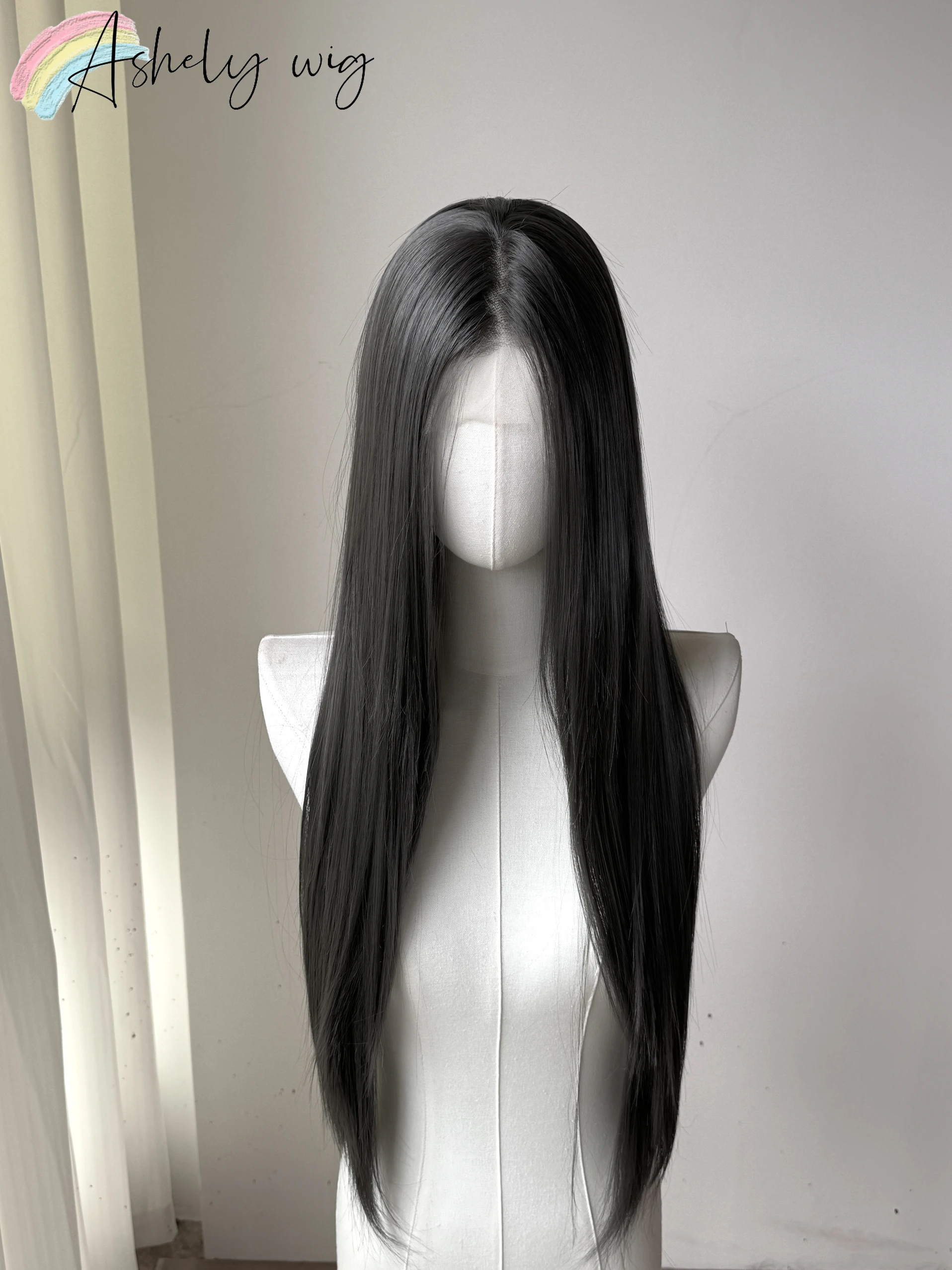 Ashely Gray Black Lace Front Wig 13x4 26inch for Women Glueless Wear and Go Synthetic Lace Front Wig for Daily Use Cosplay