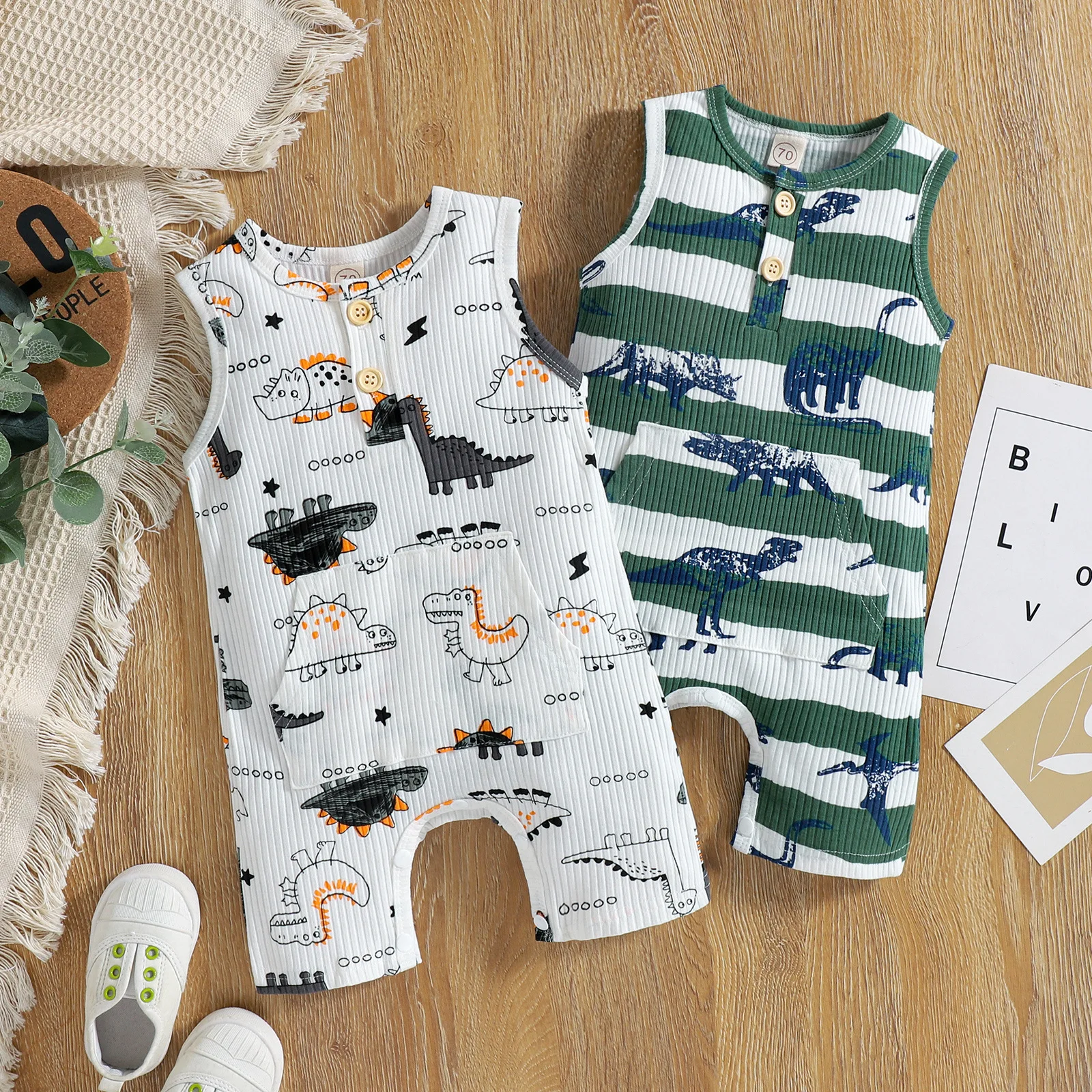 

Neonatus Baby Jumpsuit Clothes Set Summer Casual For Boys Dinosaur Print Striped Romper Infant Boys 0-24M Baby Outifs Clothing