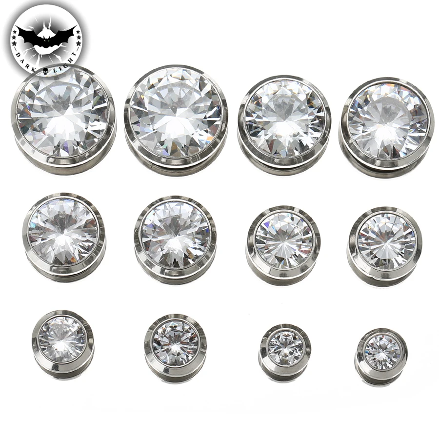 1Pair Cubic Zirconia Ear Tunnel Stainless Steel Plugs Gem Gauges Body