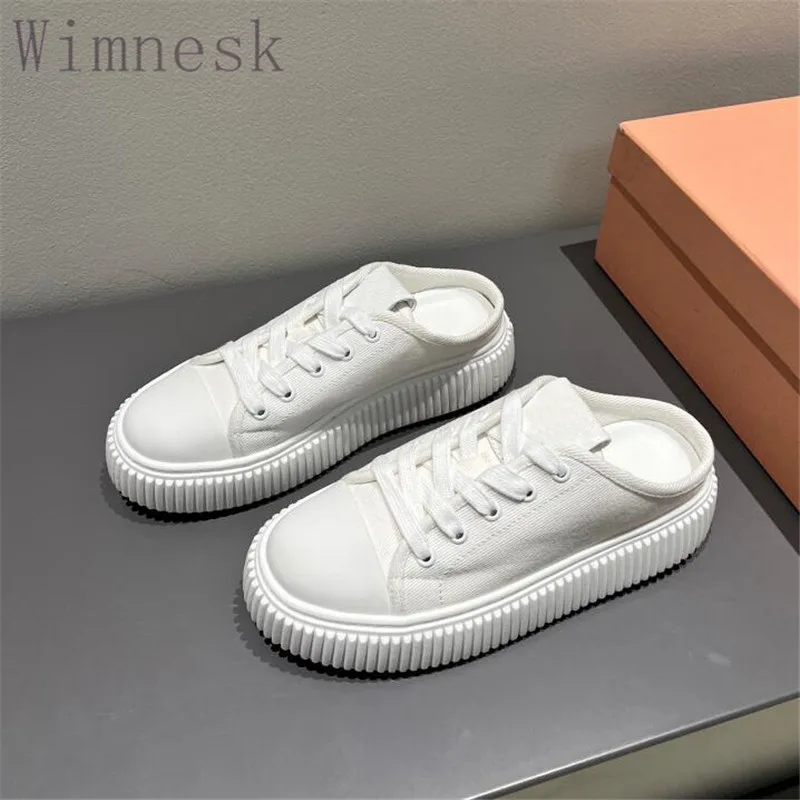 

Summer New Round Toe Canvas Bread Women Casual Shoes Lace Up Flat Heel Half Slippers Casual Comfortable Sneakers For Woman 2023