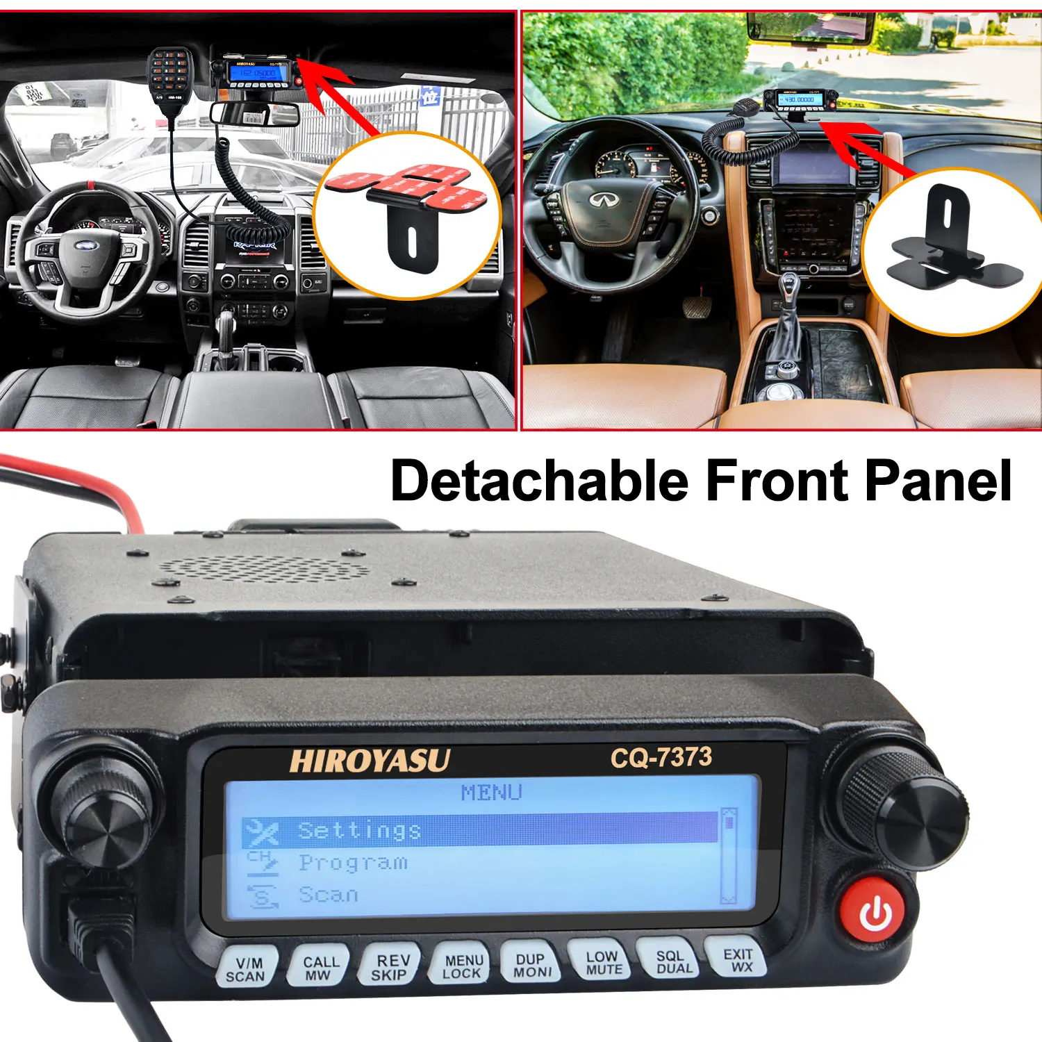 HIROYASU CQ-7373 Amateur Mobile Transceiver 50W 100Ch Air Band Rx VHF UHF Dual Band Tx Front Panel Detached Car Walkie Talkie 5