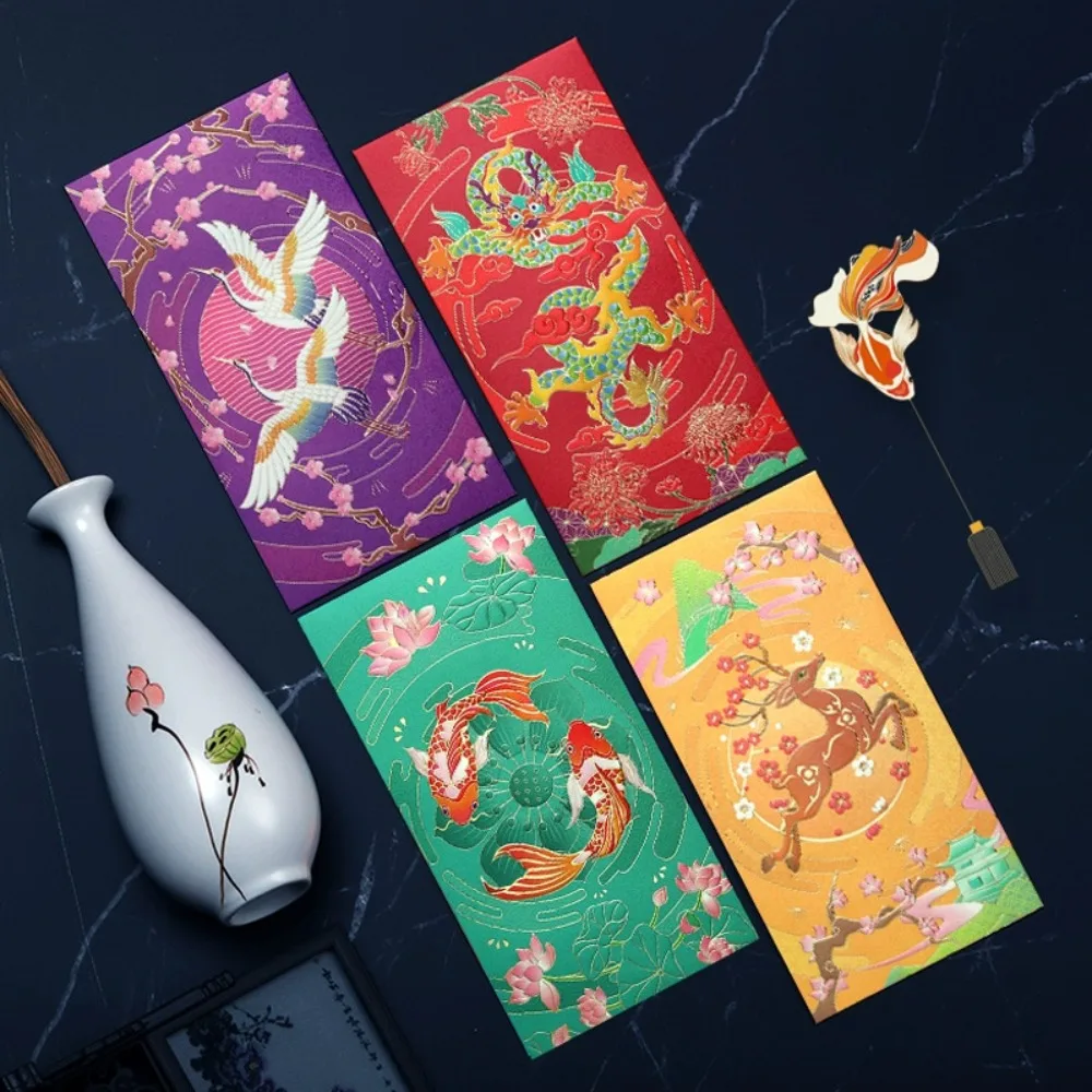 6 Pcs Cartoon Hot Stamping Chinese New Year Red Envelopes Embossed Thickened Paper Lucky Money Bag Spring Festive Decoration