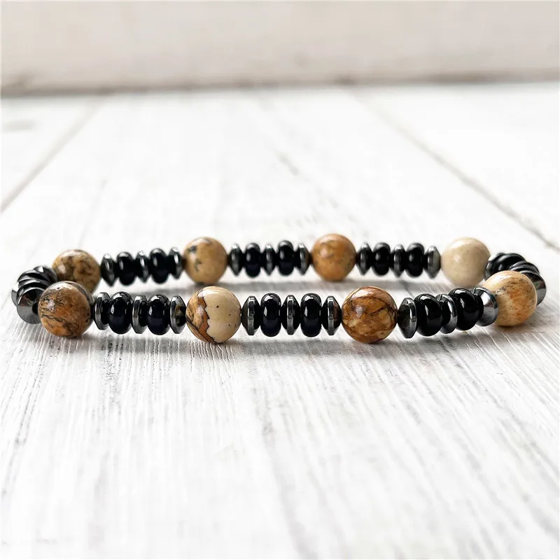 Mode Natürliche Bild Jaspis Armband Flache Perlen Hämatit Schwarz Onyx Strang Armreifen Geschenk Für Männer Handgemachte Yoga Handgelenk Schmuck – Detail 4