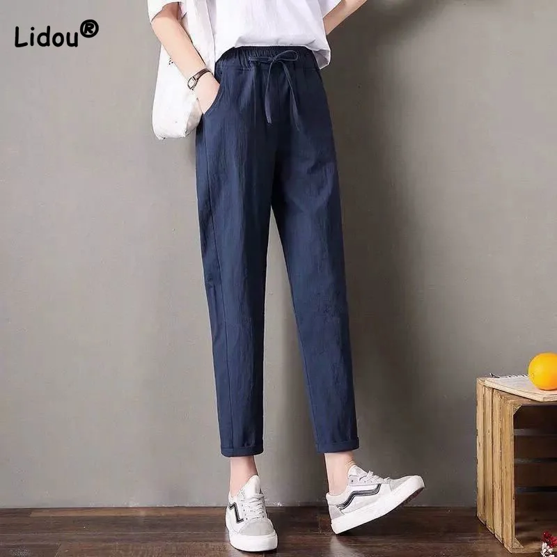 Slub Cotton Womens Trousers Spring Summer Solid Color High Waist Pockets Patchwork Drawstring Korean Nine Points Harem Pants 2022 spring and autumn new jeans women s high waist and thin ladies harem pants large size loose nine points carrot pants