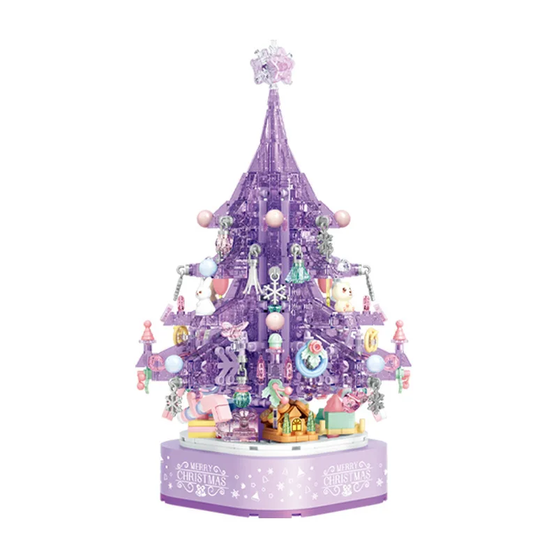 

Purple Christmas Tree Block Rotating Music Box with Light DIY Building Brick Xmas Toy For Kids Girls Home