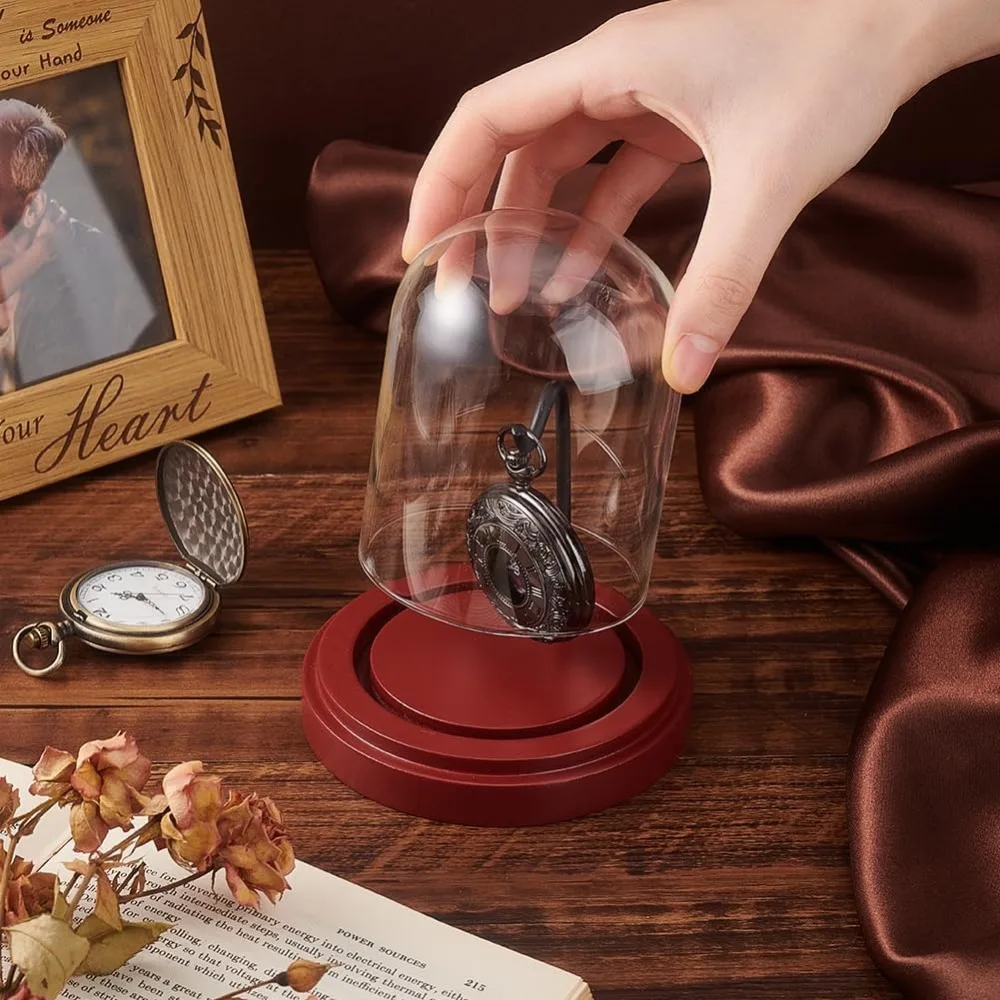Watch Box 3 x 4 inch Pocket Watch Display Case Glass Watch Dome Cloche with Metal Hook Display Jar with Wood Base Glass Dome