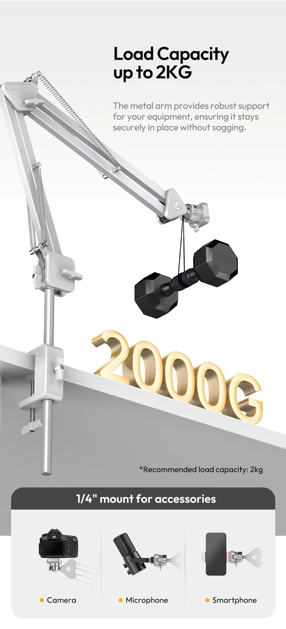 Overhead Camera Mount Microphone Stand Detachable C-clamp 2KG Load for Camera Mi
