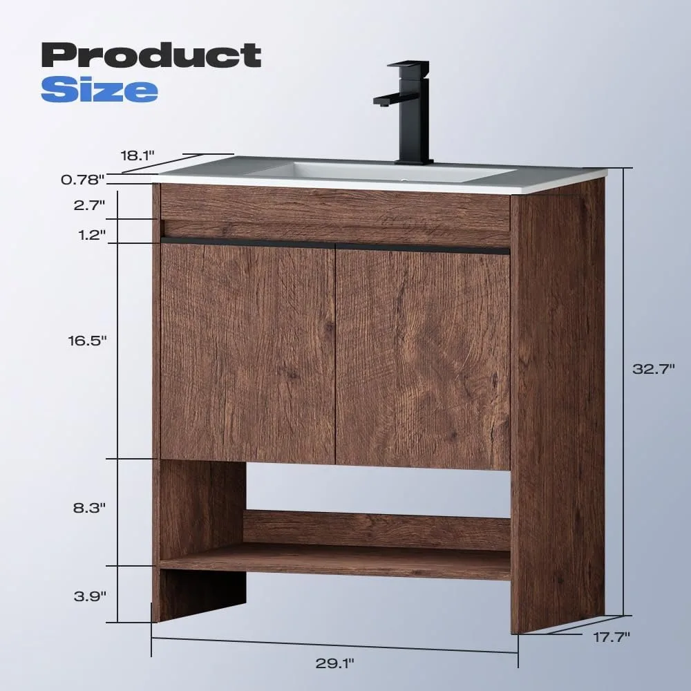 30 Inch Bathroom Vanity Cabinet with Sink，Modern Sleek Bathroom Vanities Ceramic Sink with Solid Wood Frame Open Style Shelf 2