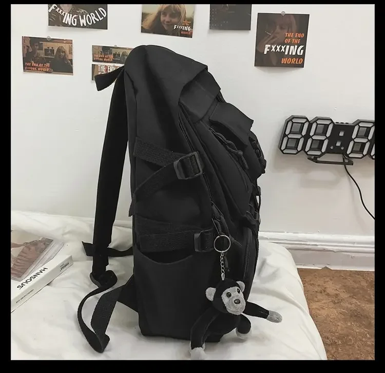 Preppy Style Black Backpack Unisex Women Men Backpack Nylon Waterproof Multi-Pocket Design Mochilas Teenagers Shoulder Bag