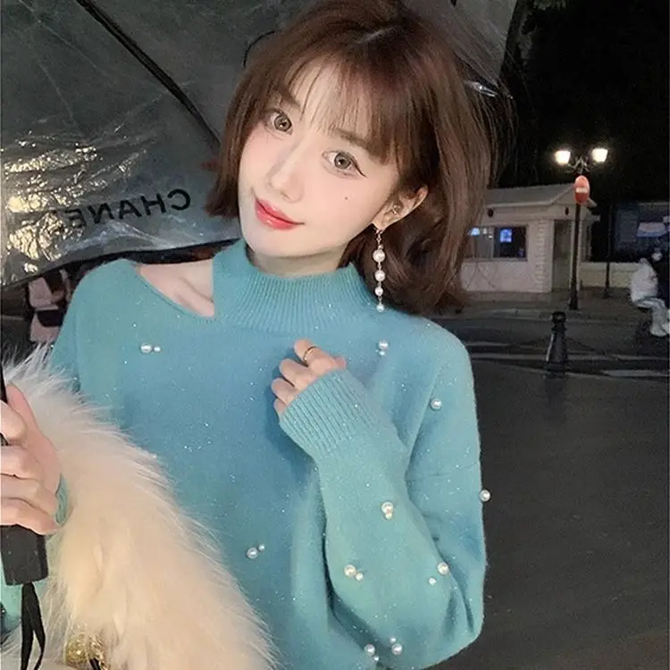 

Korea Pearl Sweater Women'S Autumn And Winter New Loose Lazy Half High Collar Irregular Off-Shoulder Knitted Sweater Trend
