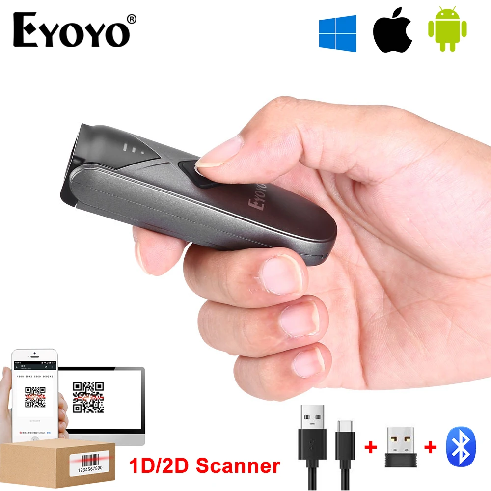 Barcode Scanner Eyoyo 2D Bluetooth Barcode Scanner Mini Portable Wireless 1D Bar Code Reader Wired 3-in-1 Connection QR Image PDF417 Data Matrix
