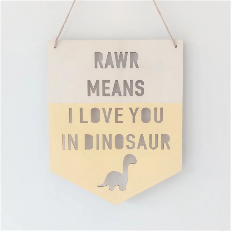 Wall Stickers Children Room Decoration 1pcs Nordic Wooden Dinosaur Positive Slogan Banner Garland Wood Chip Wall Hanging Baby Kids Room Decoration Ornament Photo Props