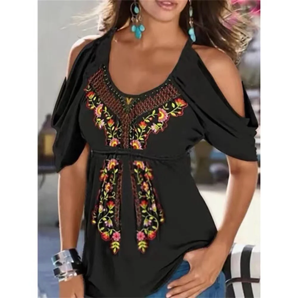 

Sexy Off The Shoulder V Neck Patchwork Blouse Tops Summer Women Short Sleeve Loose Casual Ethnic Style Print T-Shirt