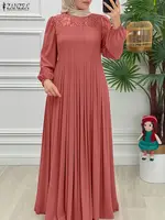 2025 ZANZEA Autumn Lace Patchwork Dresses Ramadan Muslim Abaya Dress Women Long Sleeve Pleated Sundress IsIamic Dubai Robe Femme