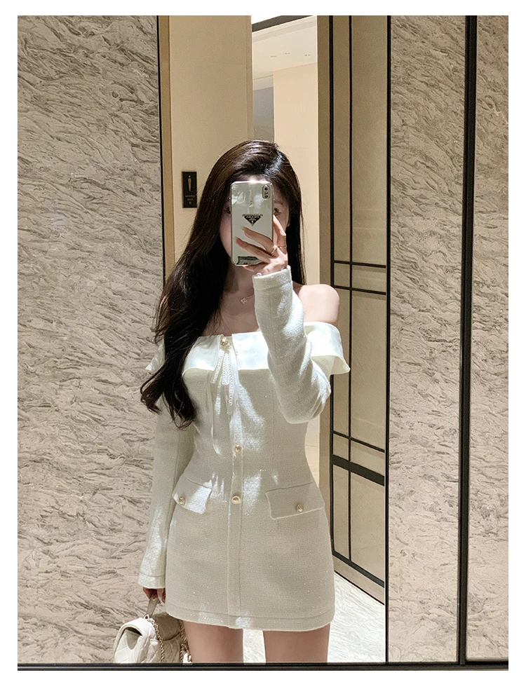 Elegant Tweed Slash Neck Short Dresses for Women Long Sleeve Slim Waist Birthday Party Dress Korean Fashion Vestidos Mujer