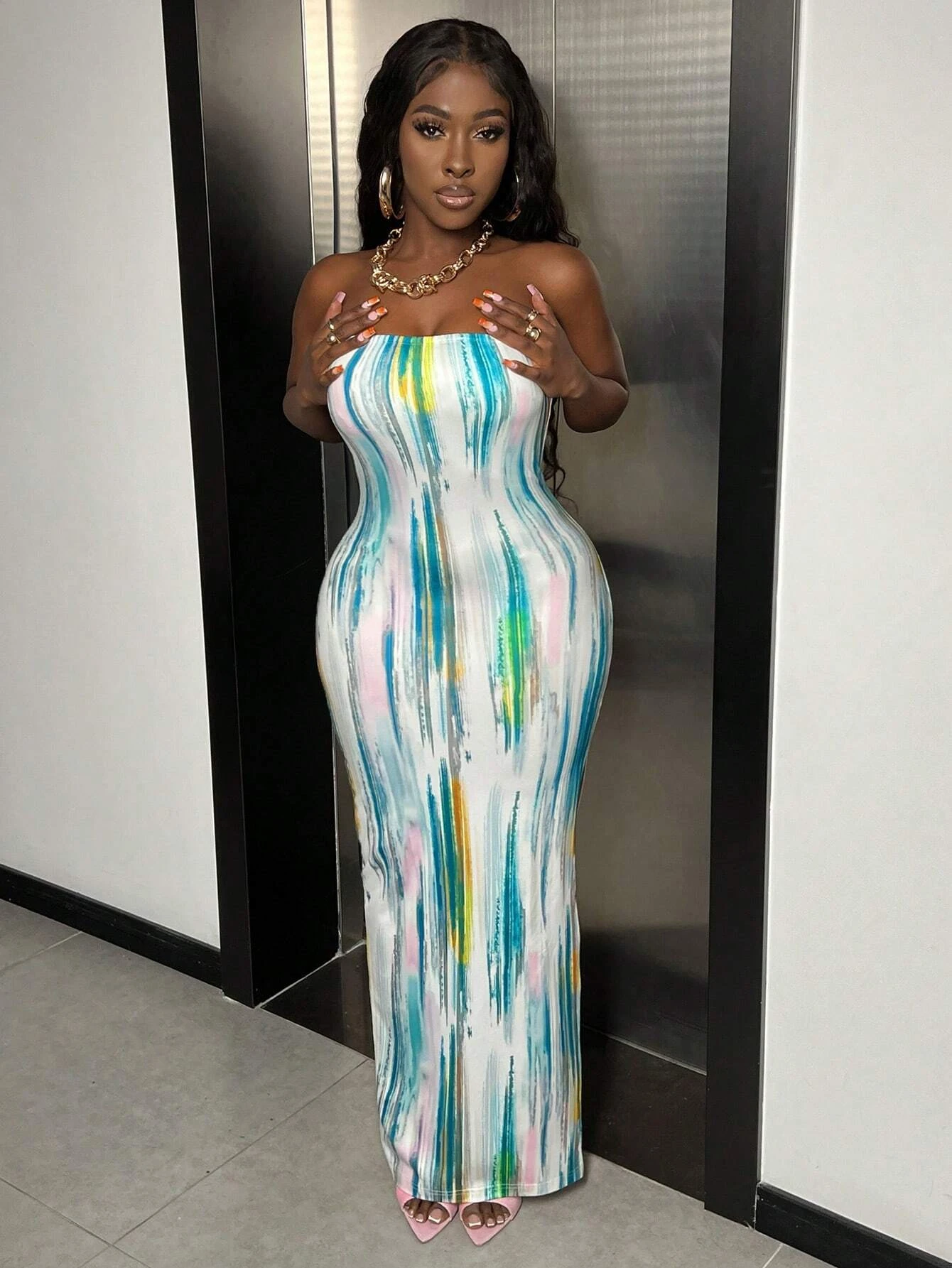 

Women's Dress Minimalist Striped Print Strapless Long Dress Casual Female Clothing Fashion Design Ladies Fashion Dress Polyester