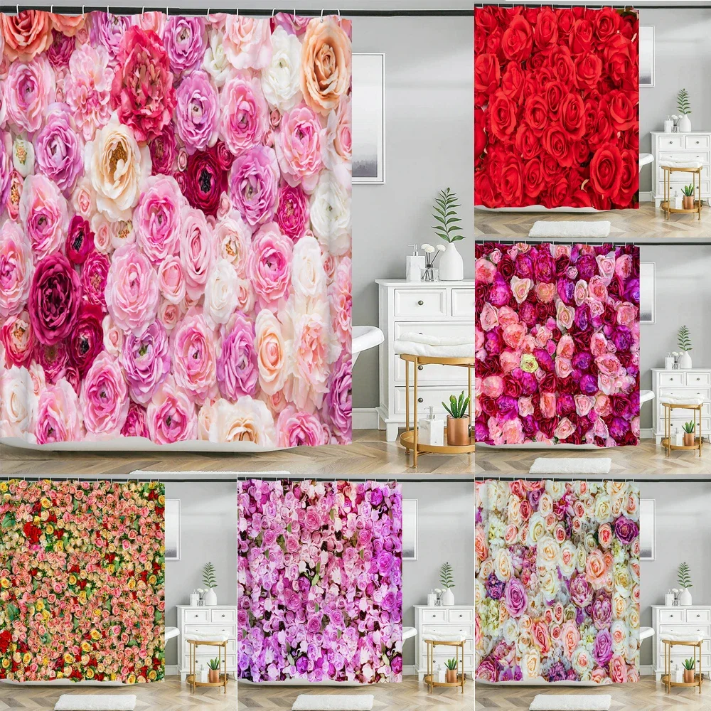 

Красивая занавеска для душа с натуральными цветами, водонепроницаемая занавеска для ванной из полиэстера, занавеска с розовыми цветами для декора ванной комнаты