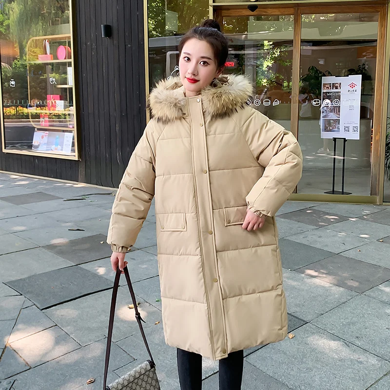 

H Women's Autumn Winter Hooded Solid Color Fur Collar Big Pocket Parka For Ladies Zipper Loose Long Cotton Coat