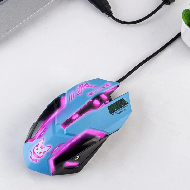 Blue Wired Gaming Mouse with Anime-Inspired Design and Breathing Light Effects
