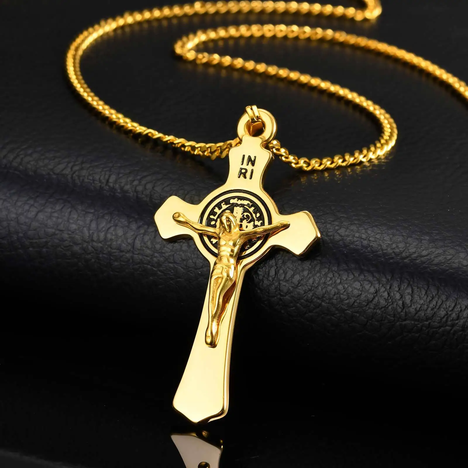 Catholic Saint Benedict Cross Necklce for Men,Stainless Steel Necklace Jesus Cross Pendant,Crucifix Necklace Gift