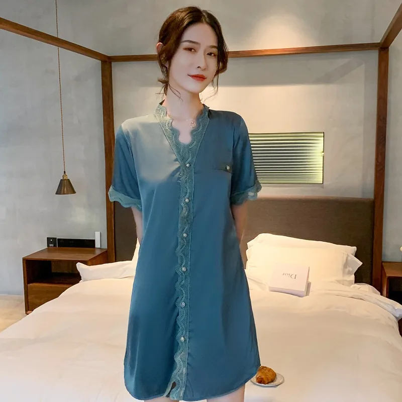 Sexy Lace Trim Women Ice Silk Sleepwear Female Nightgown Solid Nightdress Lounge Sleep Dress Ladies Night Shirts Home Clothing