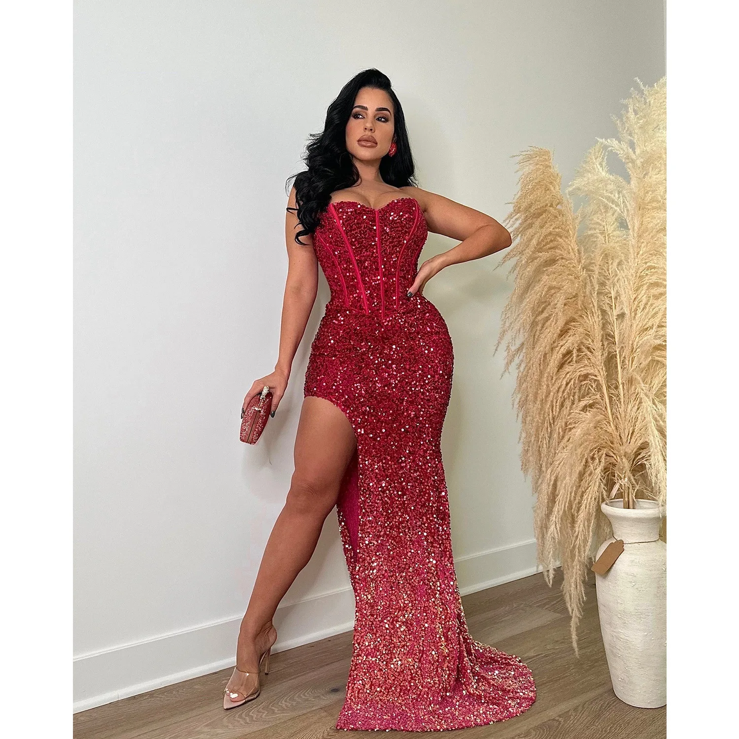 

Cutubly Women Sequined Corset Evening Gowns Strapless Tunic Elegant Sexy High Side Split Sparkly Bodycon Red Even Party Dresses