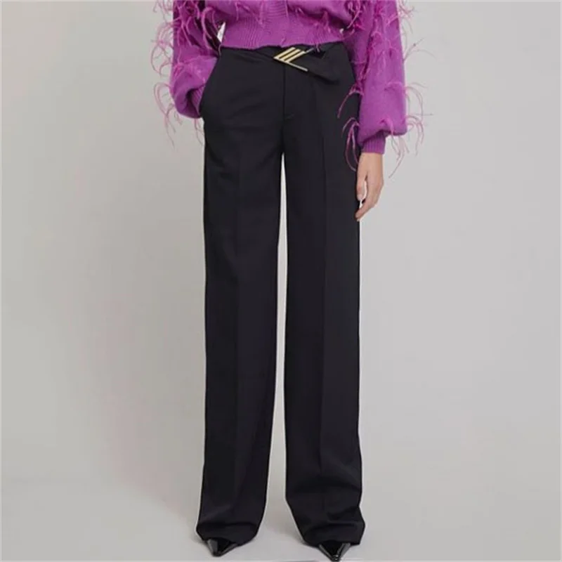 

Women's pants 2024 Spring New in Leather Spliced Slim Flare Pants High quality Belt decorated suit pants trousers free shippin