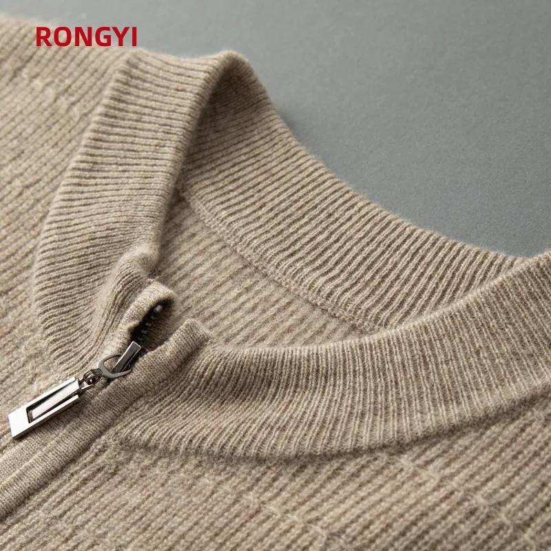 RONGYI 100% Goat Cashmere Men's Clothing Autumn and Winter New Knitted Cardigan Casual Loose Bottomed Shirt Fashion Jacket Top
