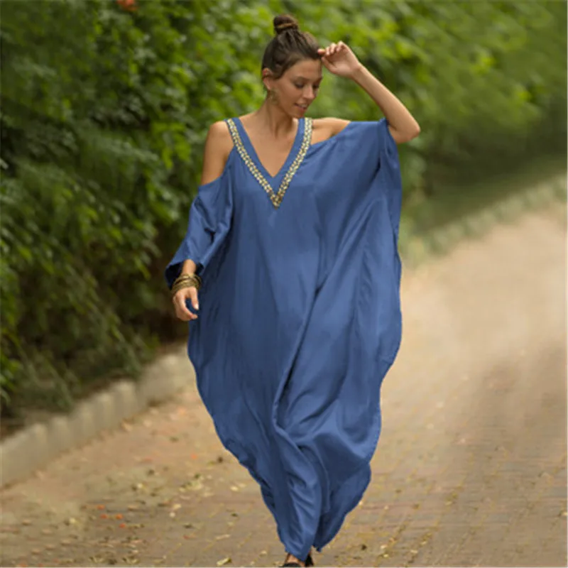 Kaftan Dresses Swimsuit Cover Up Maxi Dress Beach Wear Turkish Cold Shoulder Beach Outifits Summer Vacation 5