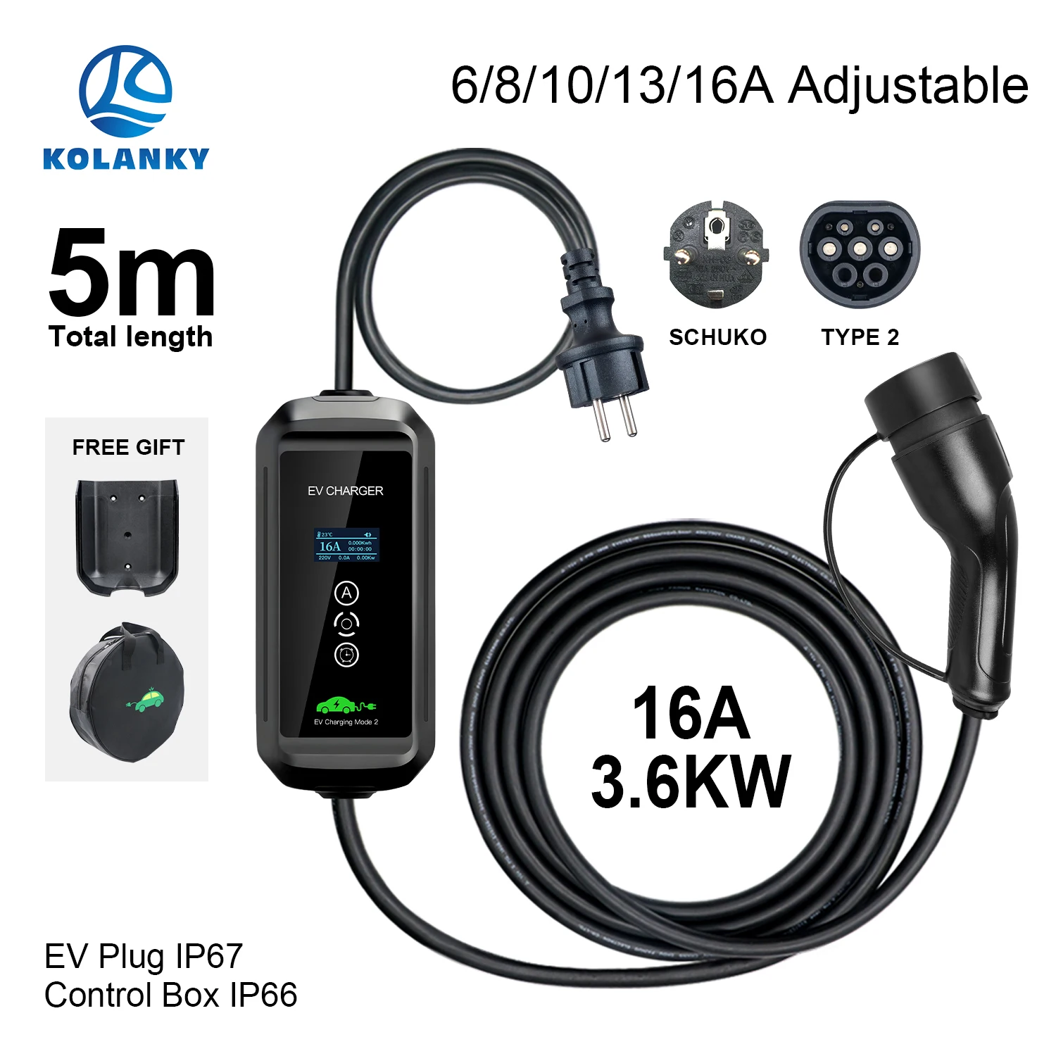 KOLANKY EV Charger 16A 3.6KW Type 2 IEC-62169 Adjust Current Timer Wall box Charging Electric Hybrid Cars Cable Total Length 5M