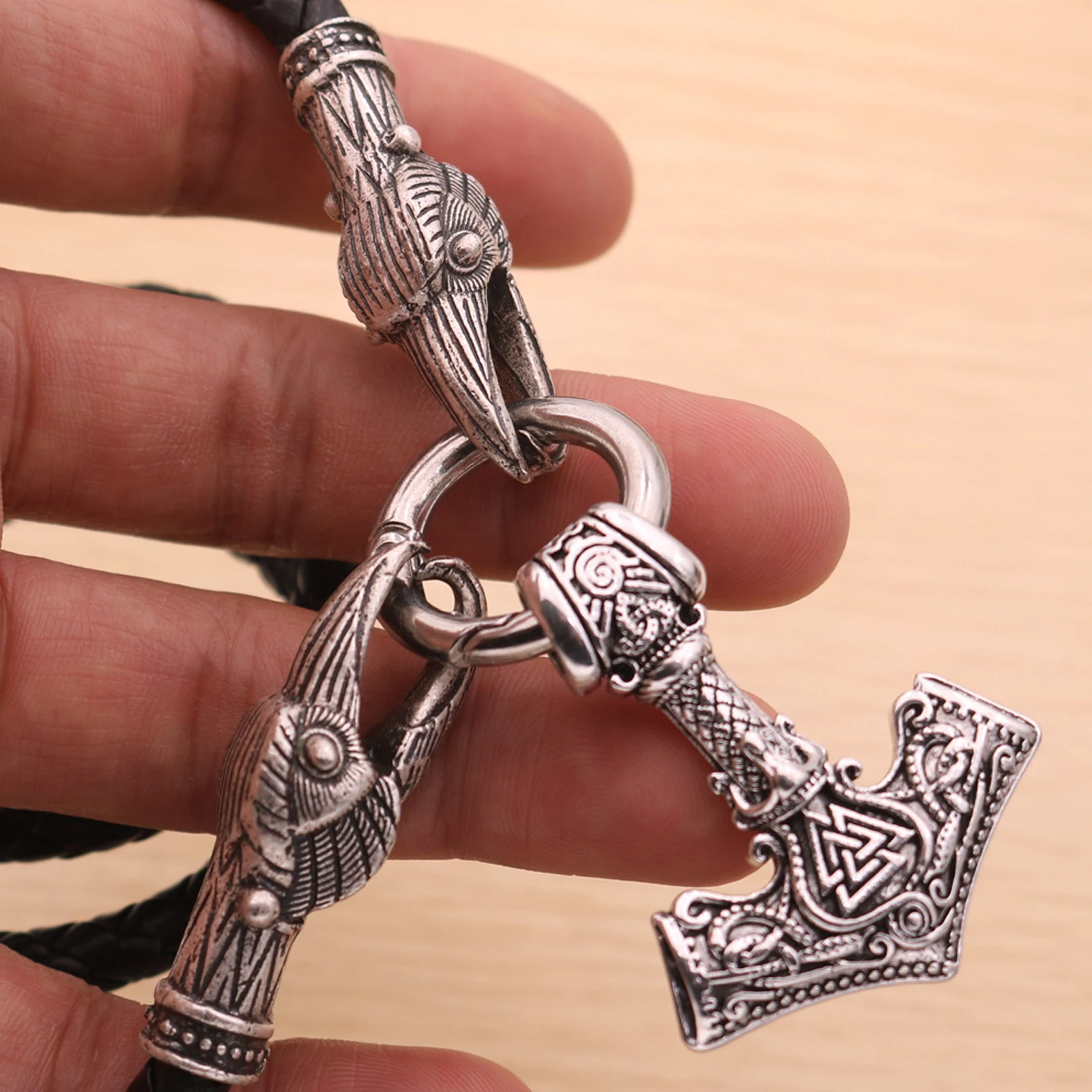Men's Thor's Hammer Pendant Necklace Viking Double Crow Head Script Personalized Jewelry