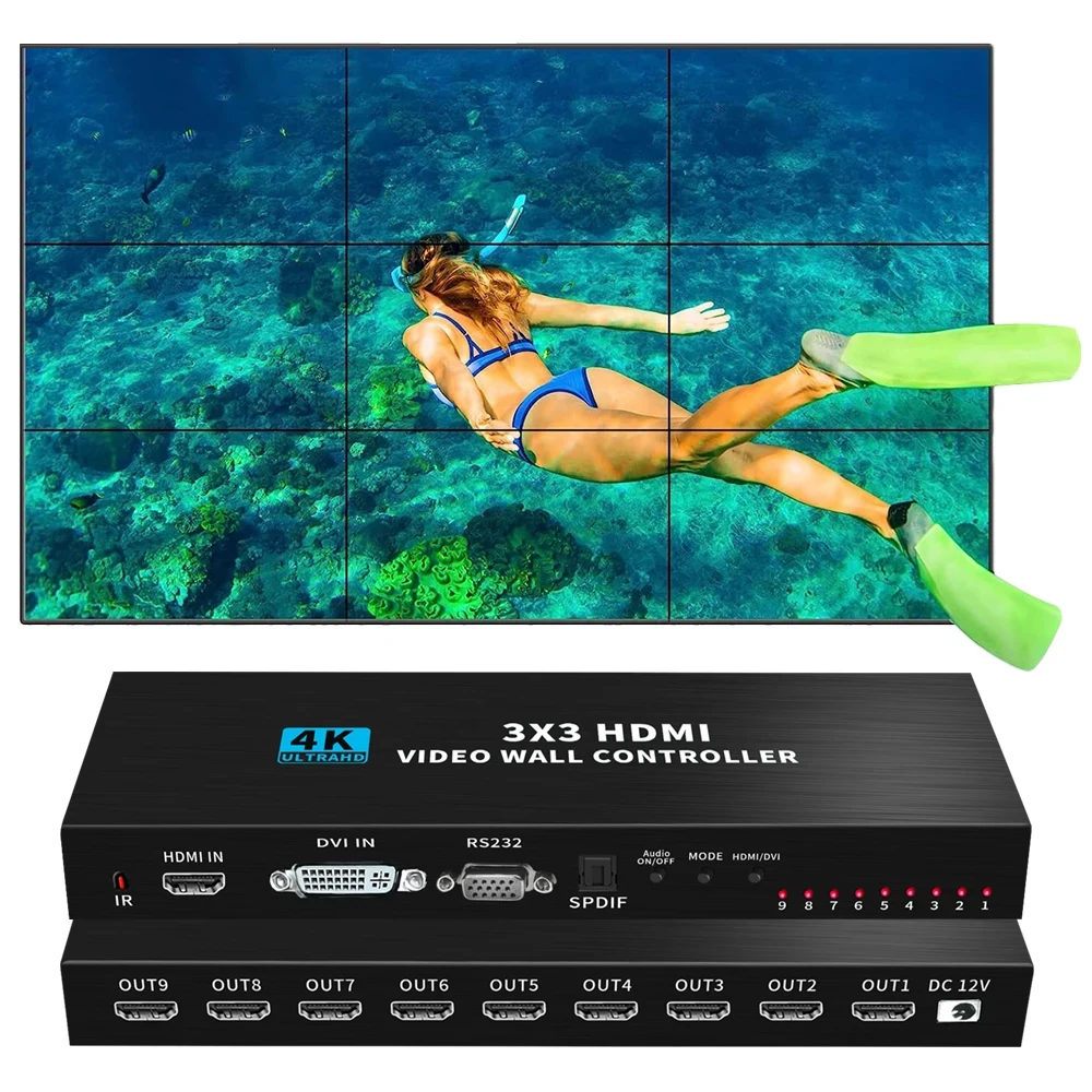 4K Hd 1080P 3X3 Hd-Mi Dvi Tv Video Wall Controller Processore 1 X2 1 X4 1 X3 2 X1 3 X1 4 X1 Multi Video Screen Processore Switch Splicer