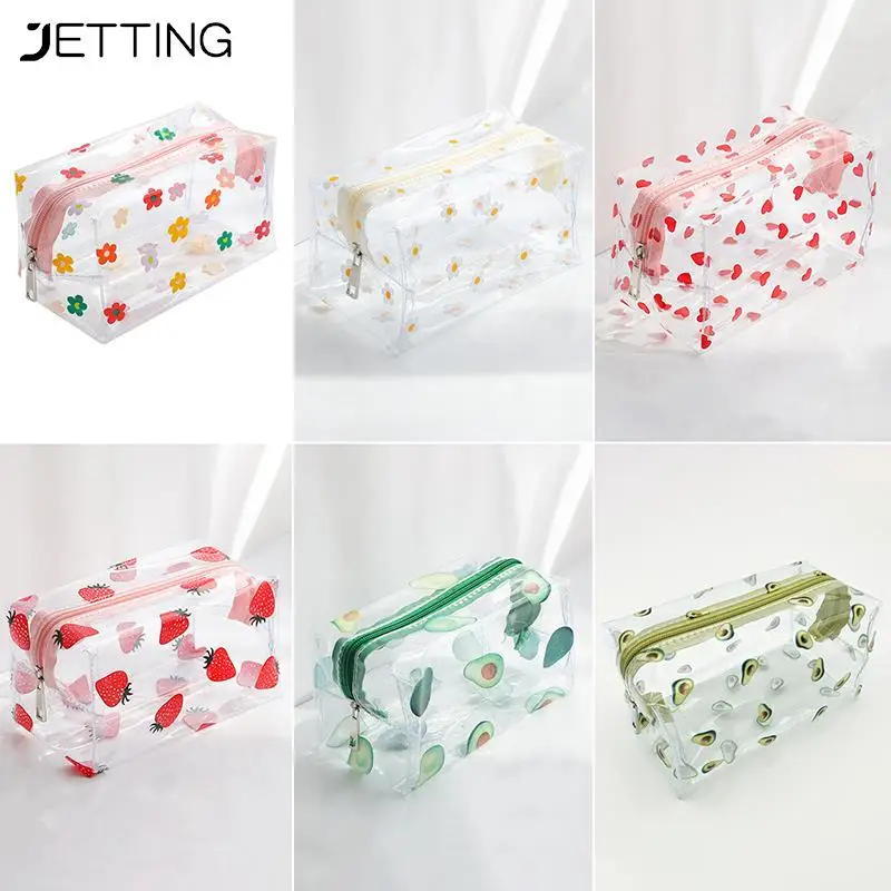 

Women Zipper Cosmetic Bag Flower Print Clear Makeup Bag Fashion Transparent Travel PVC Clear Mini Wash Storage Bags Strawberry