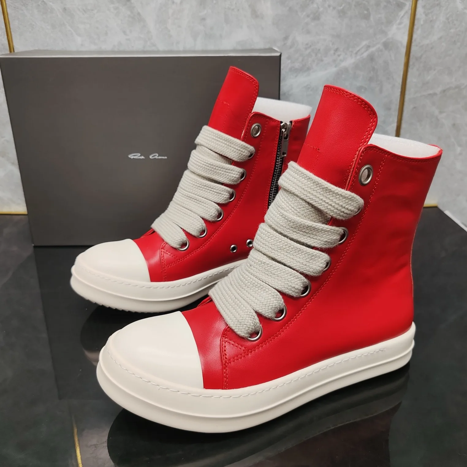 Ricks shoes leather Harajuku style high-top boots retro red lovers shoes with thick soles and non-slip with zippers.