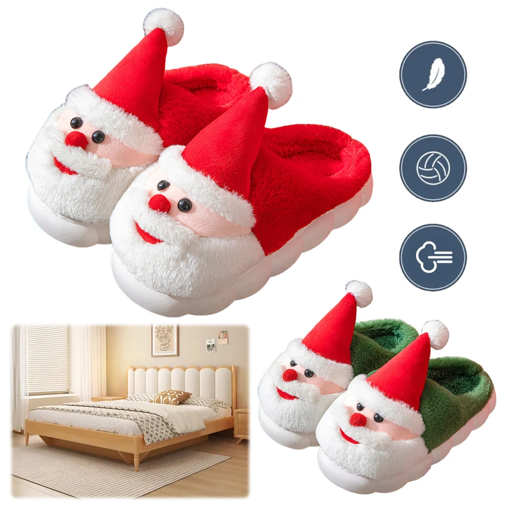 Christmas Santa Claus Slippers Warm Slip-on House Shoes Comfortable Flat Thermal Slippers Cute Furry Slippers for Indoor Bedroom