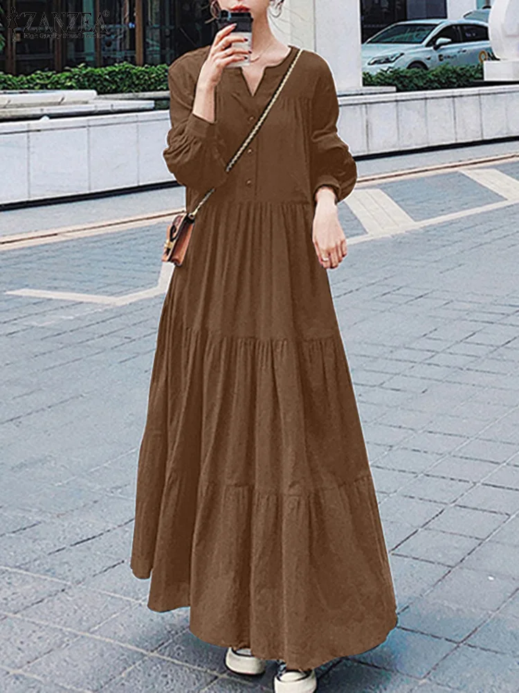 

ZANZEA Fashion Long Dress Women Autumn Maxi Dresses Casual Loose Solid Vestidos Robe Femme Long Sleeve V Neck Ruffles Sundress