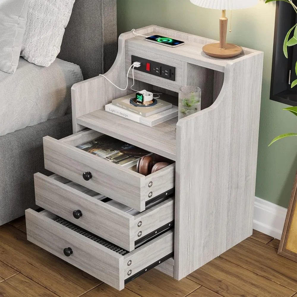 Nightstand set of 2 gray nightstand with charging station & hutch for bedrooms bedside table