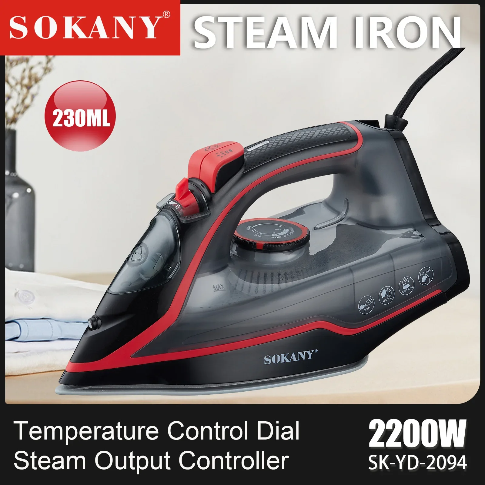 

Steam Iron With Non-Stick Soleplate, 2200W Adjustable Thermostat Control, Overheat Safety Protection & Variable Steam Control