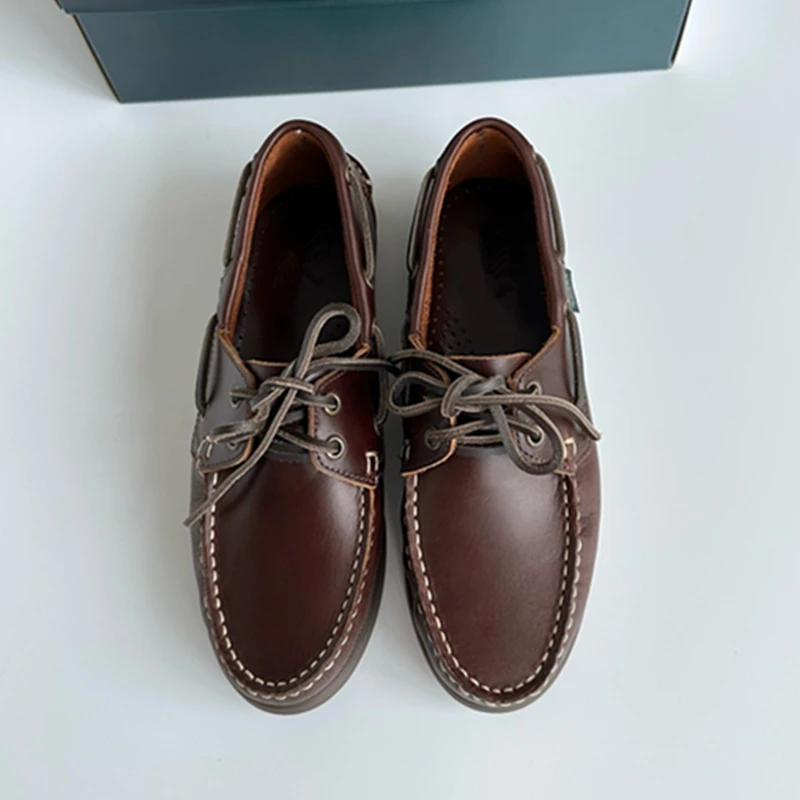 Dave&Di French Lazy Minimalist Oil Wax Cowhide Handmade Loafers Flat Shoes, Vintage Sailor Mocasin Shoes Men's Shoes 3