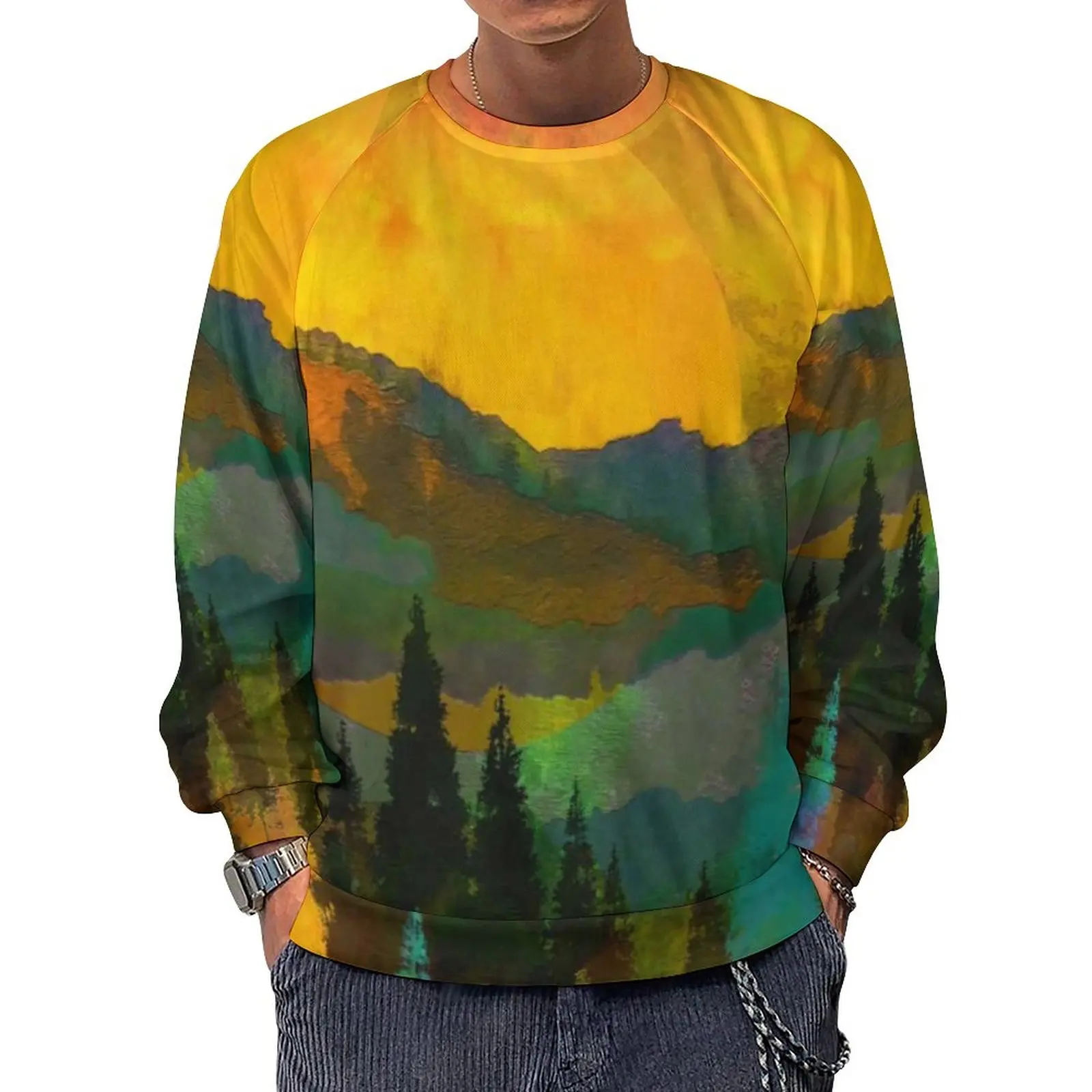 

Trees And Mountains Loose Sweatshirts Men Painting of Abstract Print Casual Hoodies Autumn Y2k Funny Design Hoodie Large Size