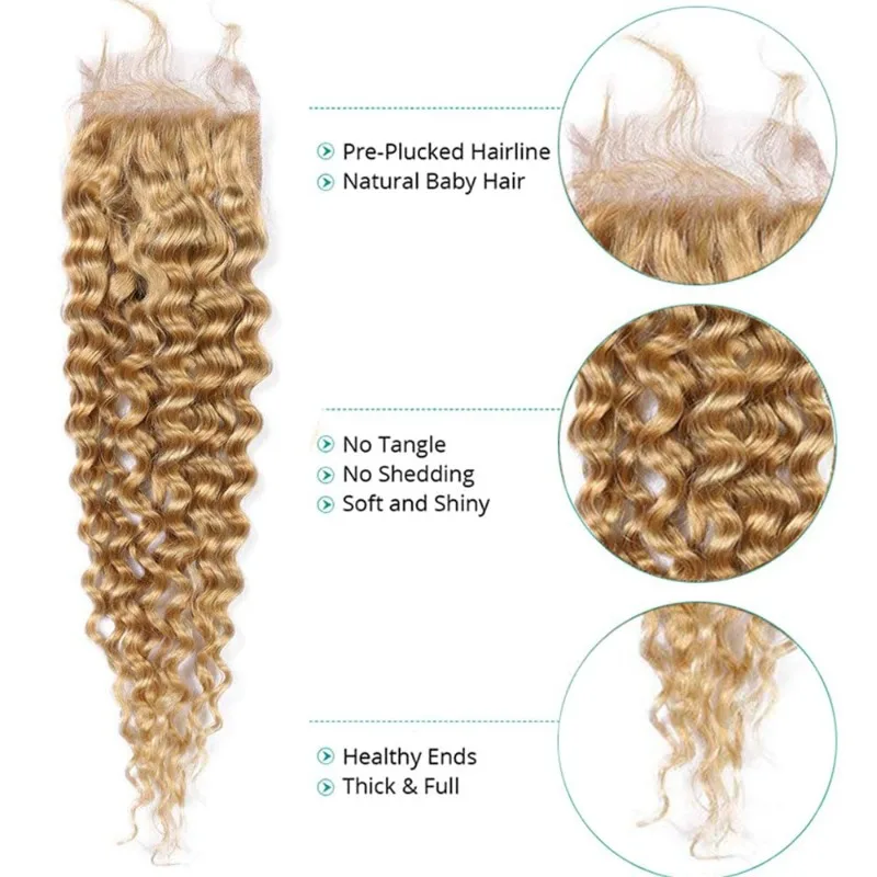 High Quality Honey Blonde 4X4 Lace Closure Curly #27 Human Hair Pre Plucked with Baby Hair Raw Remy Brazilian Virgin Hair 5