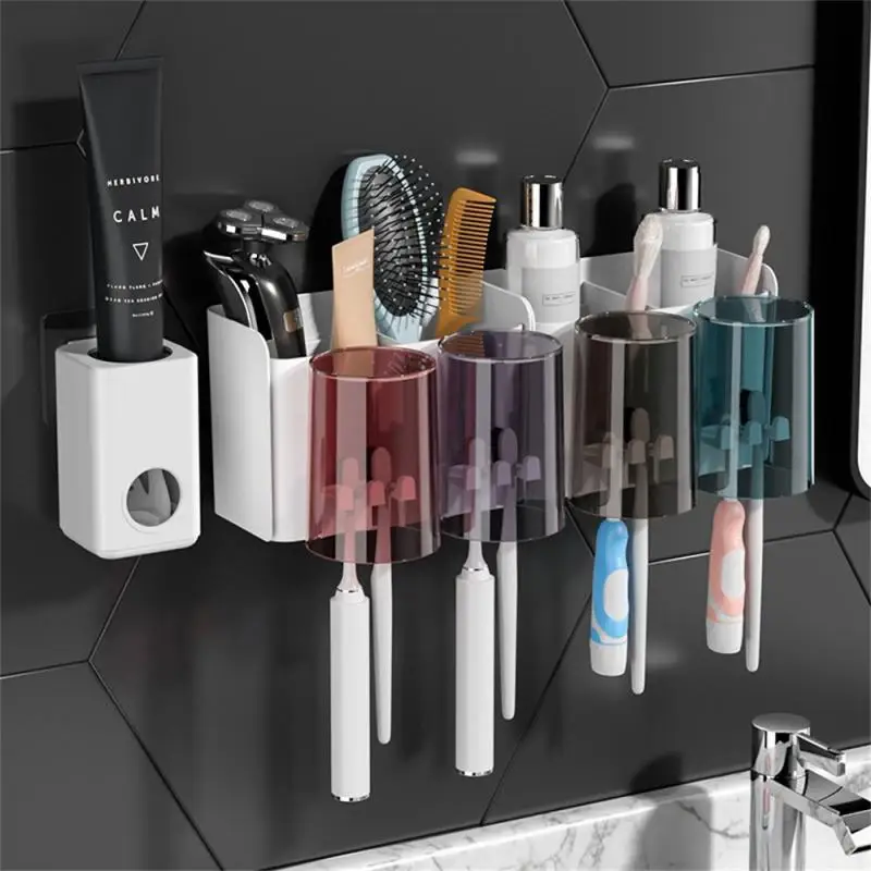 Toothbrush Holder Punch-free Mouthwash Cup Holder Non-trace Bathroom Wall-mounted Toothpaste Squeezer Toothbrush