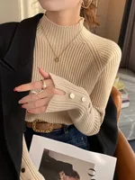 Autumn Winter Sweater Women  Pullovers Long Sleeve Tops Clothes Slim Knit Soft Jumper Streetwear Button Turtleneck Sweater - Image 3