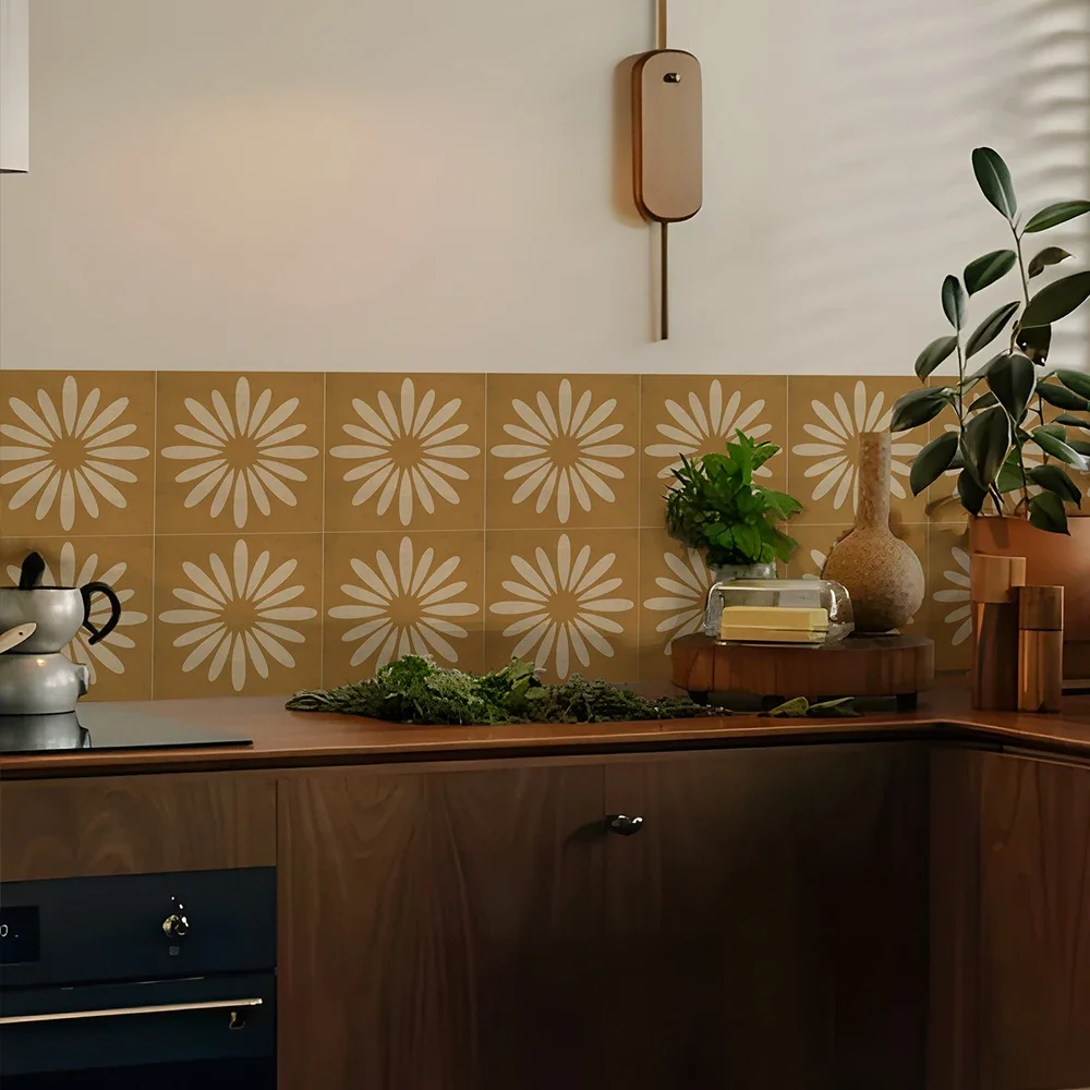 10pcs Hard Tiles Yellow Sunflower Wall Stickers Flat Printed for Kitchen Bathroom Decor Peel & Stick PVC Art Mural