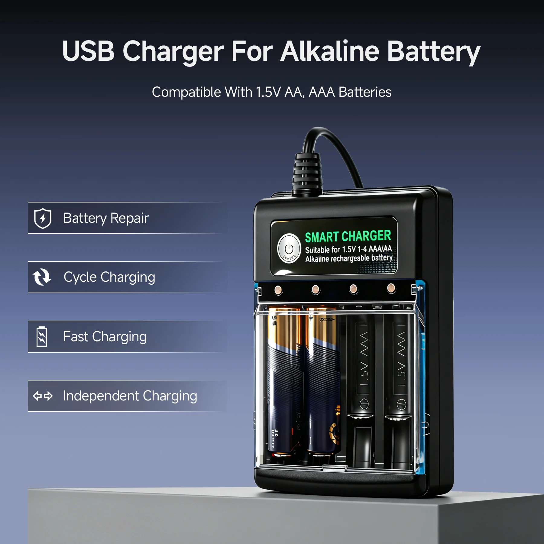 Advanced 4-Slot Smart Battery Charger with Independent Safe Charging and USB-A Connectivity