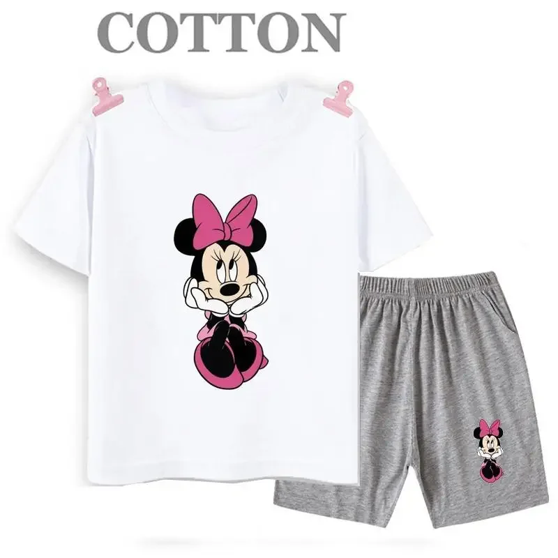 Conjunto de pantalones cortos de manga corta de verano para niños, camiseta de dibujos animados de Disney Mickey y pantalones, conjunto de 2 piezas, ropa linda para niñas y niños pequeños