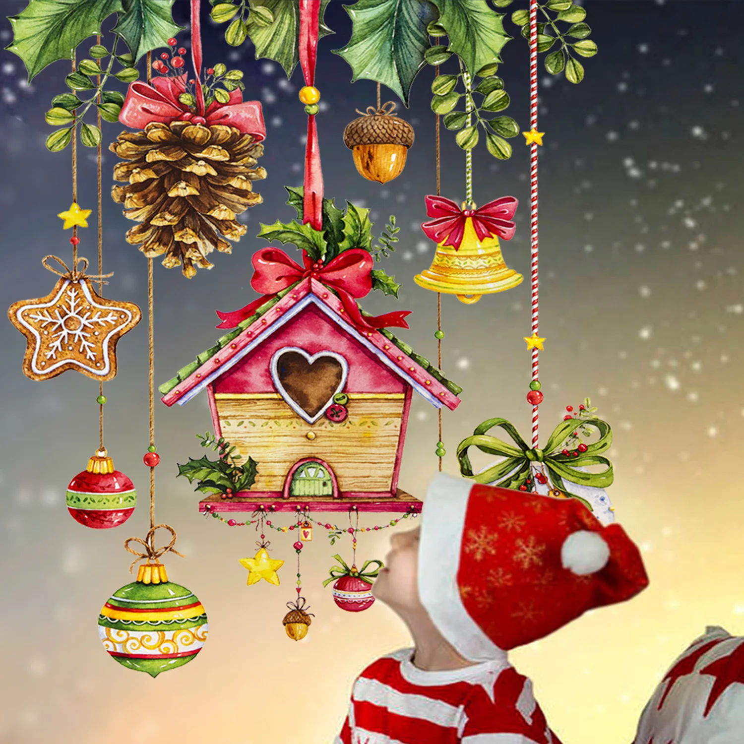 

Christmas Wooden House Pine Nut Wall Stickers for Children's Room Baby Room Christmas Home Decoration Xmas Decals Self Adhesive