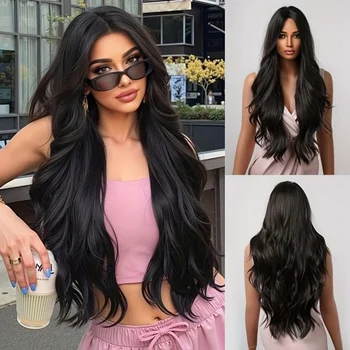 ALAN EATON Black Long Body Wavy Synthetic Wigs for Women Afro Natural Black Hair Wigs Middle Part Heat Resistant Fiber Daily Use