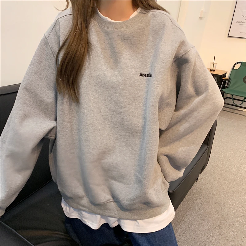 

Orange Gray Sweatshirt Women M-XL Fake Two Piece M-XL Size Hoodie Female Loose Korean Fleece Streetwear Letter Embroidery